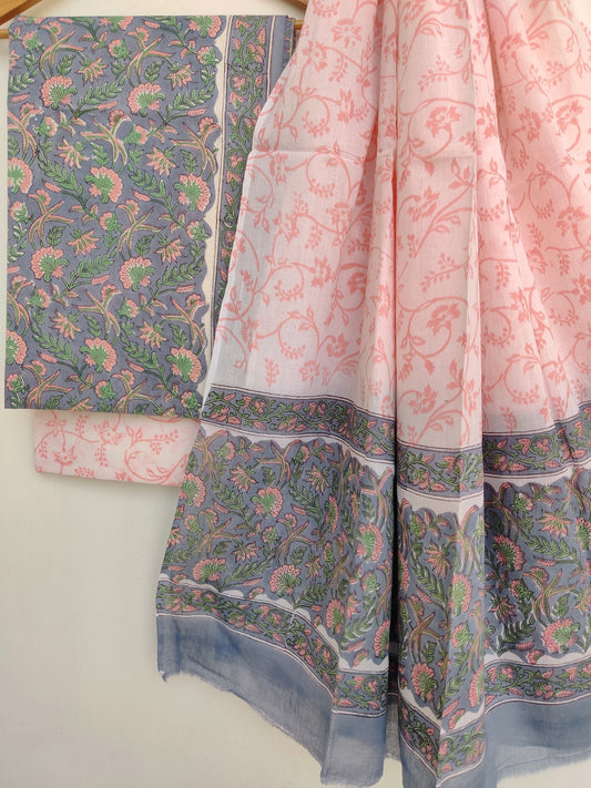Hand Block Printed Cotton Suit With Mulmul Cotton Dupatta