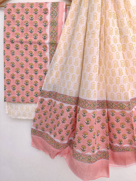 Hand Block Printed Cotton Suit With Mulmul Cotton Dupatta