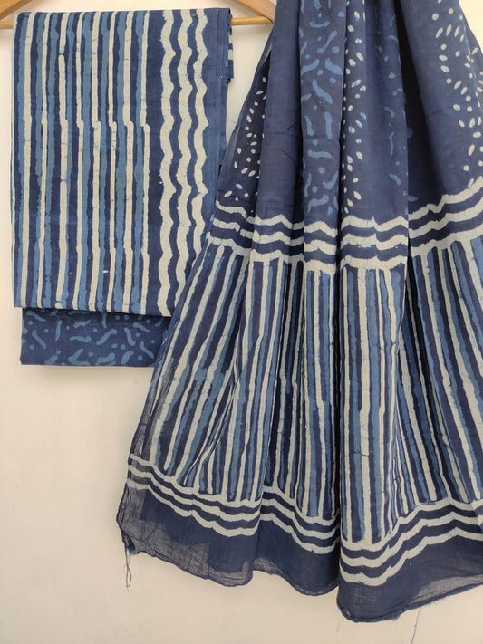 (INDIGO) Hand Block Printed Cotton Suit With Mulmul Cotton Dupatta