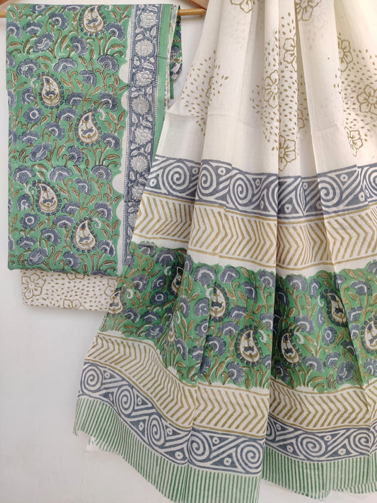Hand Block Printed Cotton Suit With Mulmul Cotton Dupatta