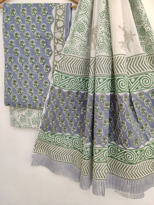 Hand Block Printed Cotton Suit With Mulmul Cotton Dupatta