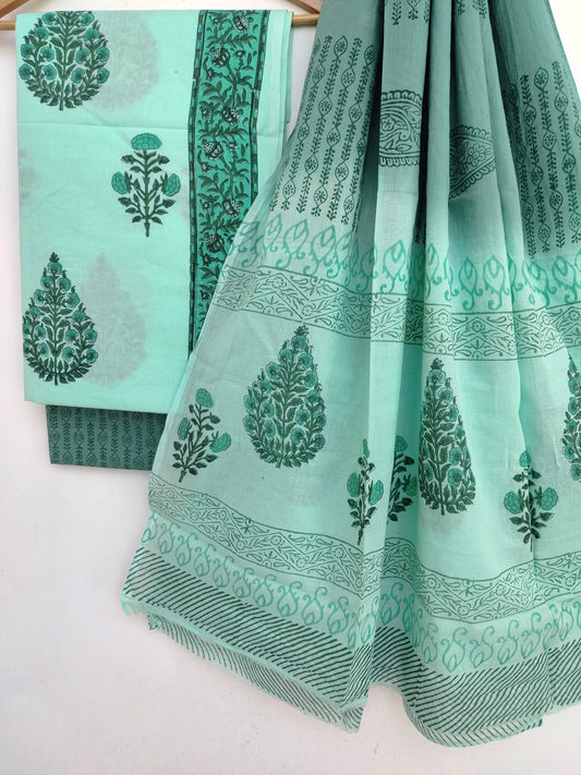 Hand Block Printed Cotton Suit With Mulmul Cotton Dupatta