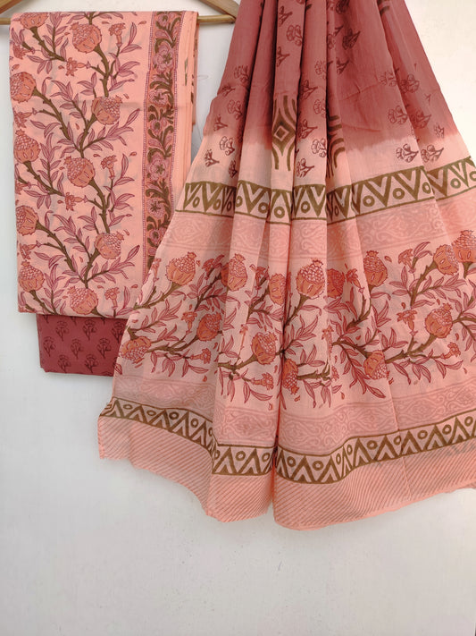 Hand Block Printed Cotton Suit With Mulmul Cotton Dupatta