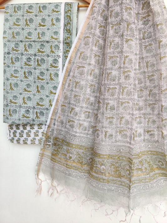 Hand Block Printed Cotton Suit with Cotton Kota Doria dupatta