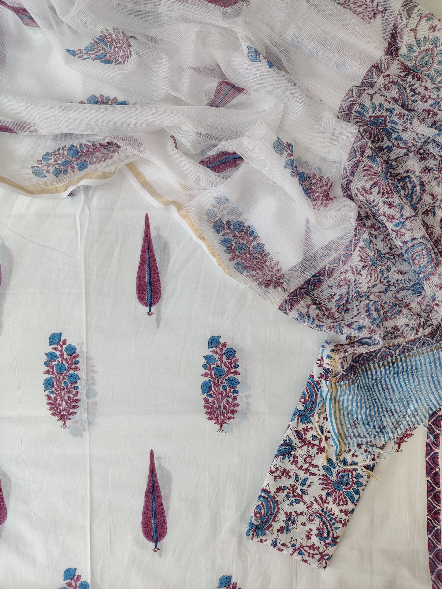 Hand Block Printed Cotton Suit with Cotton Kota Doria dupatta