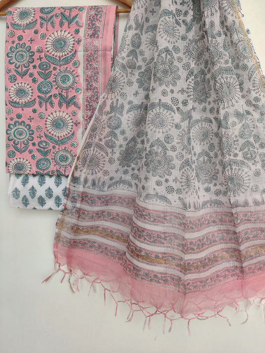 Hand Block Printed Cotton Suit with Cotton Kota Doria dupatta