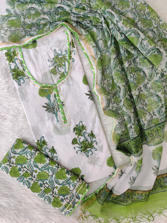 HANDBLOCK PRINTED NECK WORK SUITS WITH KOTA DORIA DUPATTA