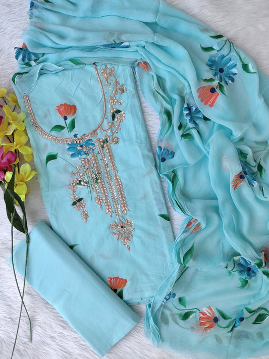 FLORAL PRINTED COTTON GOTA PATTI SUIT WITH CHIFFON DUPATTA