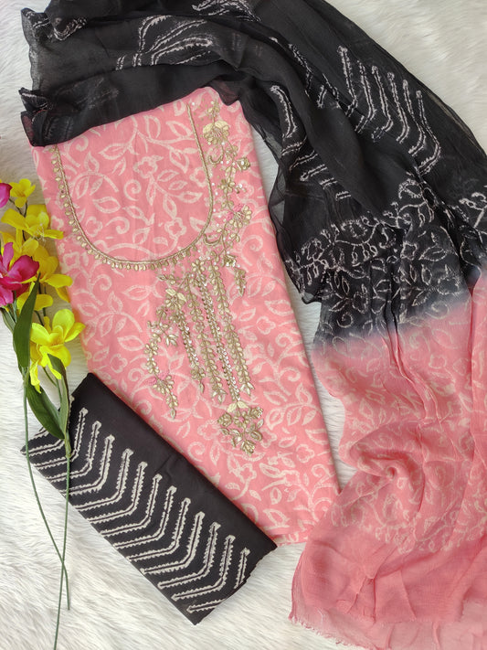 FLORAL PRINTED COTTON GOTA PATTI SUIT WITH CHIFFON DUPATTA