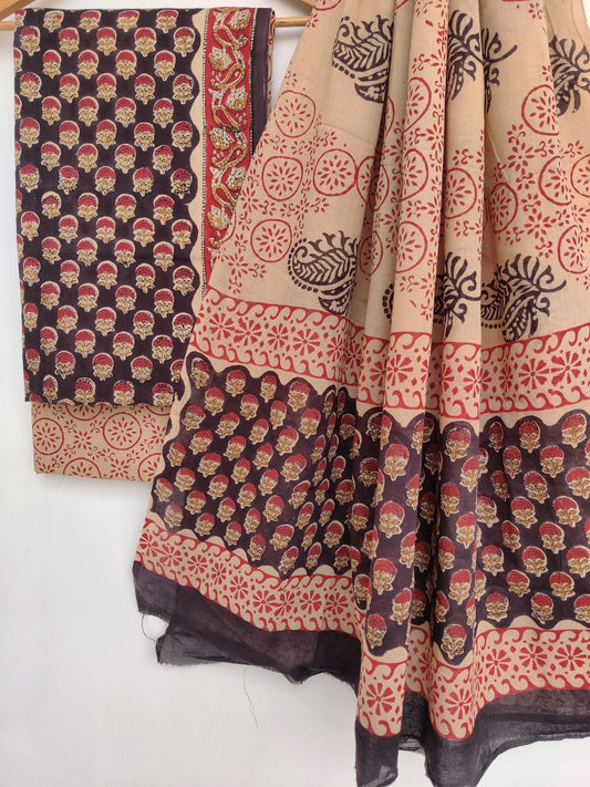 (KALAMKARI) Block Printed Cotton Suit with Mulmul dupatta