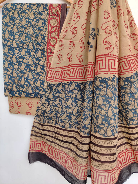 (KALAMKARI) Block Printed Cotton Suit with Mulmul dupatta
