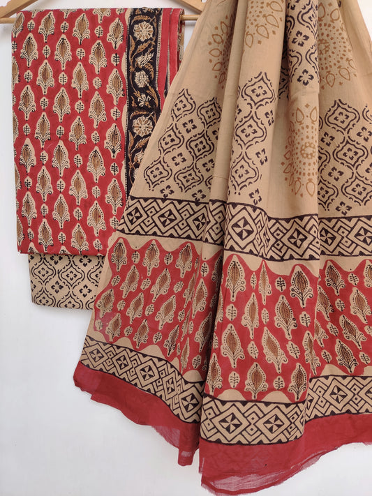 (KALAMKARI) Block Printed Cotton Suit with Mulmul dupatta