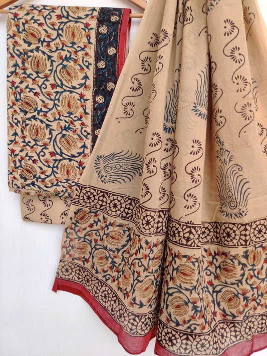 (KALAMKARI) Block Printed Cotton Suit with Mulmul dupatta