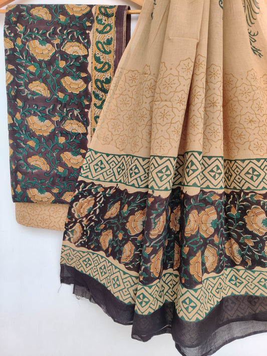 (KALAMKARI) Block Printed Cotton Suit with Mulmul dupatta