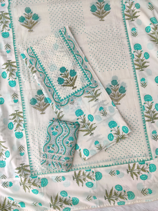 Exclusive Cotton Printed Neck Work Suits with mulmul dupatta