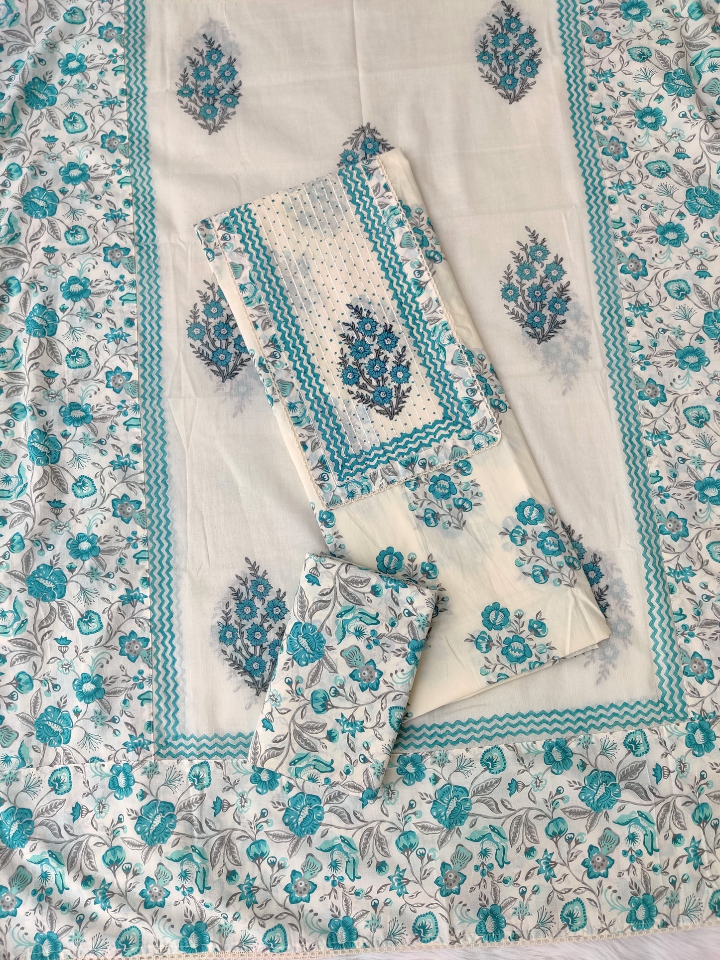 Exclusive Cotton Printed Neck Work Suits with mulmul dupatta