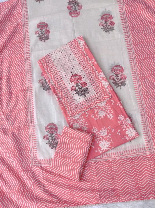 Exclusive Cotton Printed Neck Work Suits with mulmul dupatta