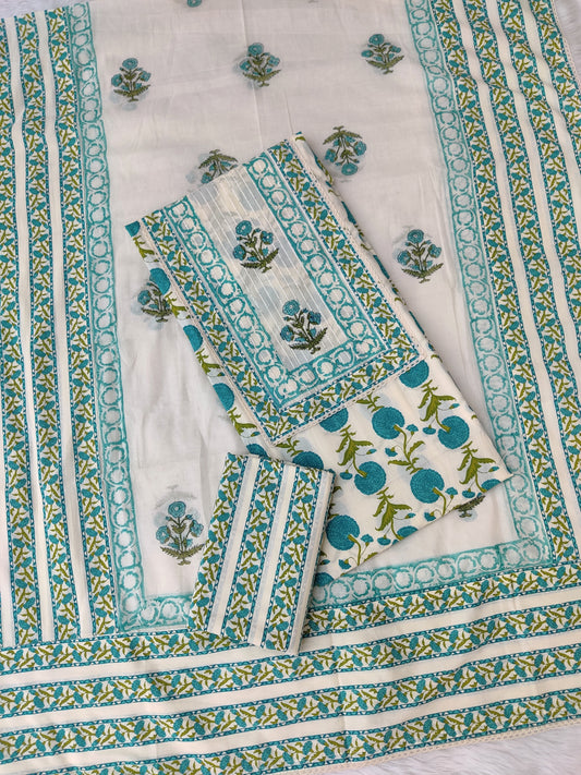 Exclusive Cotton Printed Neck Work Suits with mulmul dupatta