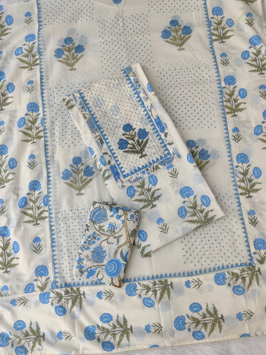 Exclusive Cotton Printed Neck Work Suits with mulmul dupatta