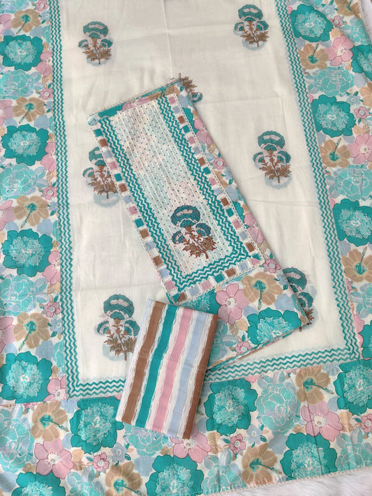 Exclusive Cotton Printed Neck Work Suits with mulmul dupatta