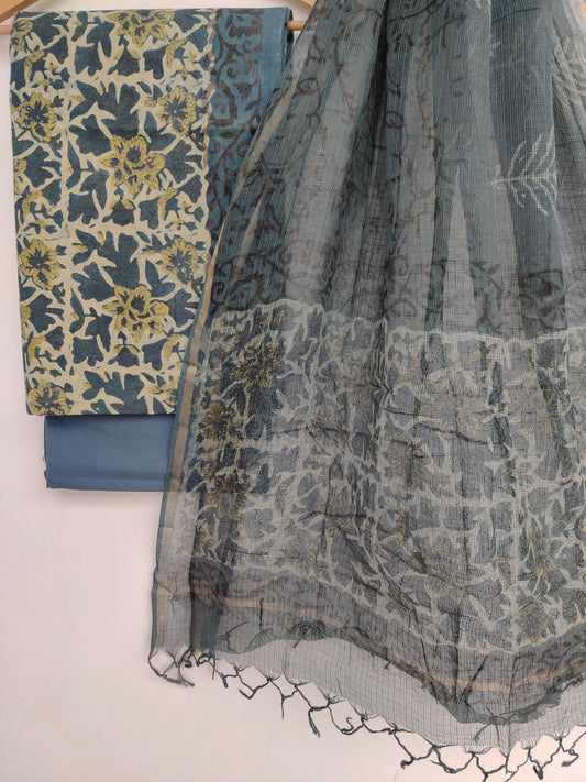 (VANASPATI) Block Printed Cotton Suit with Cotton Kota Doria dupattaa