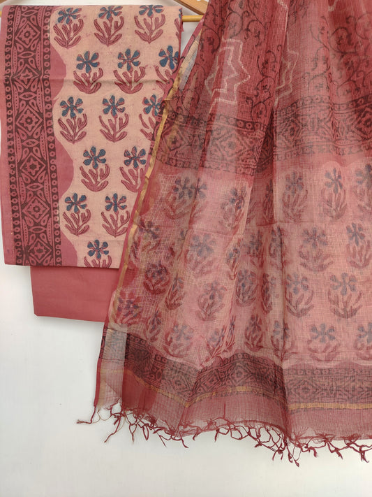 (VANASPATI) Block Printed Cotton Suit with Cotton Kota Doria dupattaa