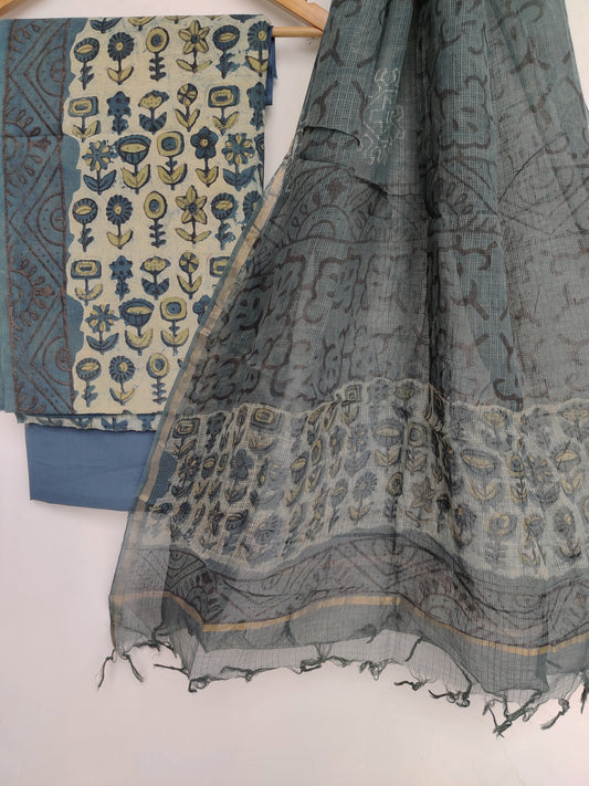 (VANASPATI) Block Printed Cotton Suit with Cotton Kota Doria dupattaa