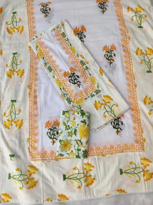 Exclusive Cotton Printed Neck Work Suits with mulmul dupatta