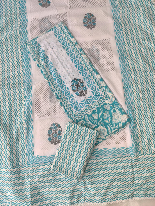 Exclusive Cotton Printed Neck Work Suits with mulmul dupatta