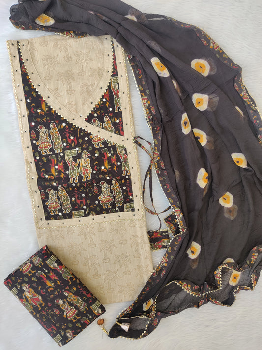NEW LAUNCH            Exclusive Khadi Silk Unstitched Cotton Neck Work Suits with Bandhani Chiffon Dupatta