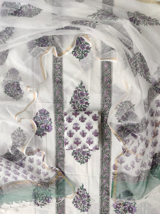 Hand Block Printed Cotton Suit with Cotton Kota Doria dupatta