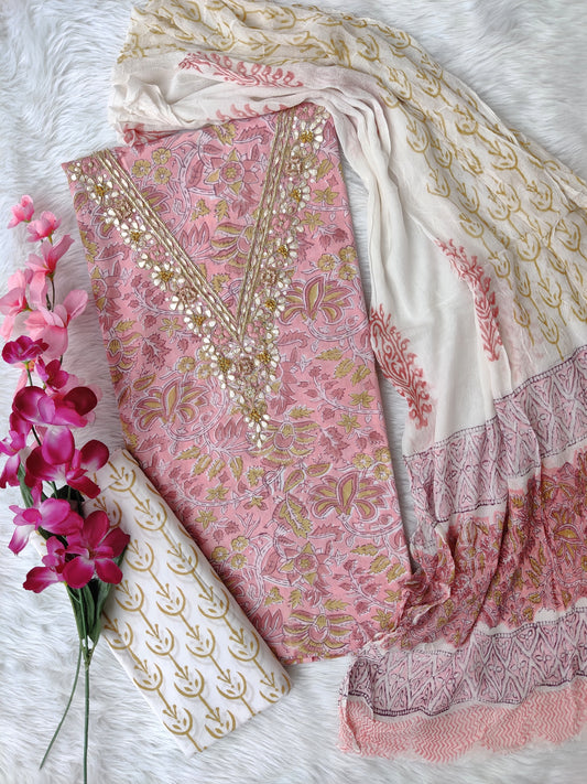 FLORAL PRINTED COTTON GOTA PATTI SUIT WITH CHIFFON DUPATTA