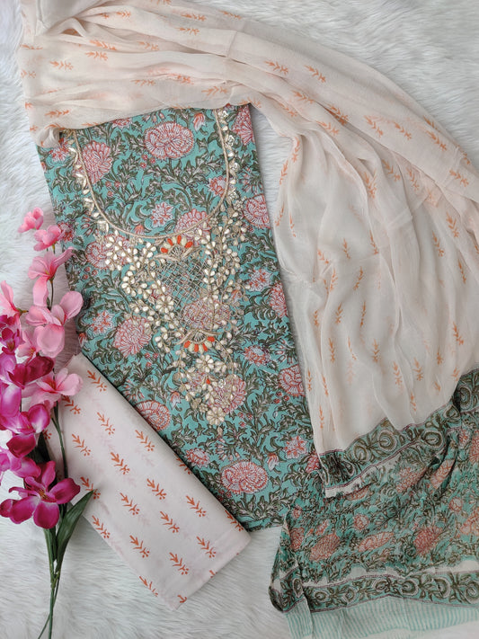 FLORAL PRINTED COTTON GOTA PATTI SUIT WITH CHIFFON DUPATTA