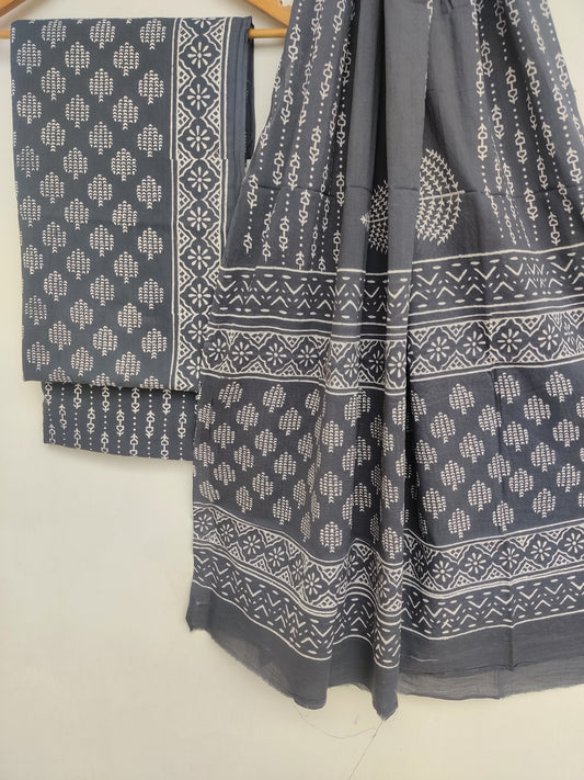 Hand Block Printed Unstitched Cotton Suit with Mulmul Dupatta