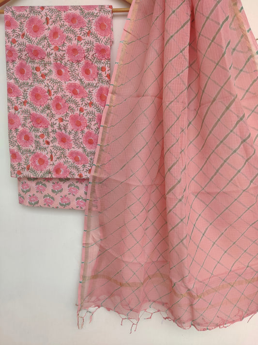 BLOCK PRINTED COTTON SUIT WITH LEHRIYA KOTA DORIA DUPATTA