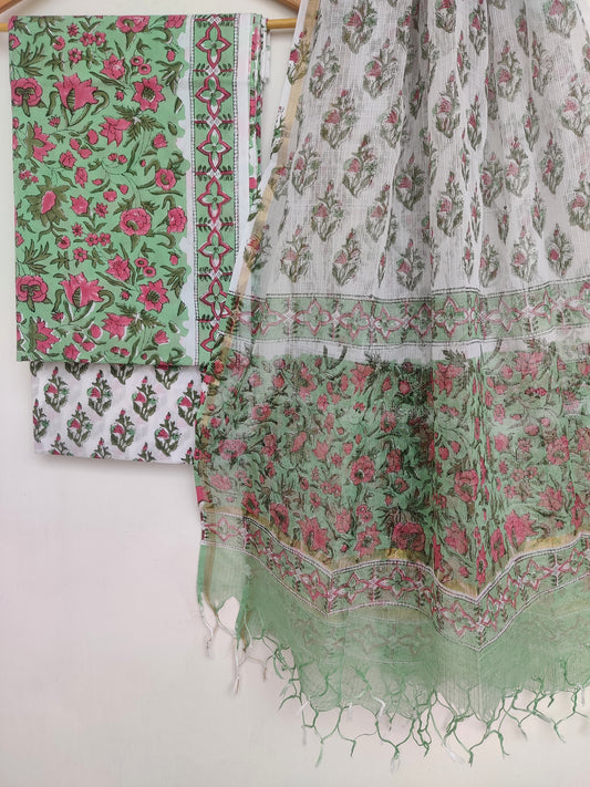 Hand Block Printed Cotton Suit with Cotton Kota Doria dupatta