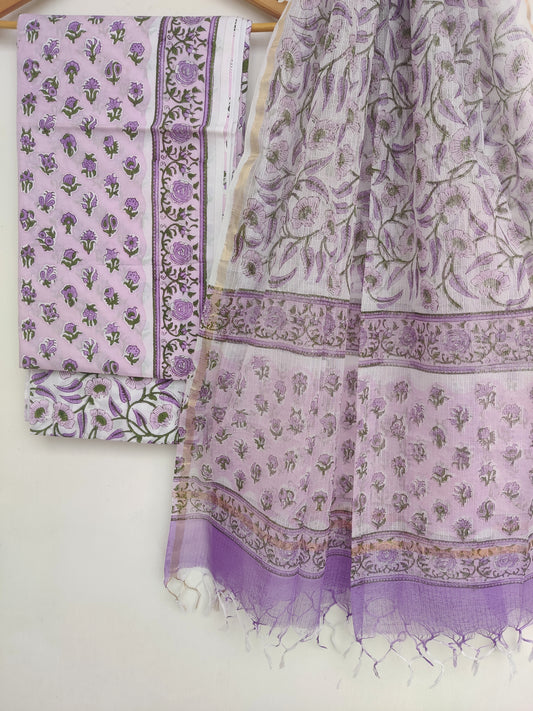 Hand Block Printed Cotton Suit with Cotton Kota Doria dupatta
