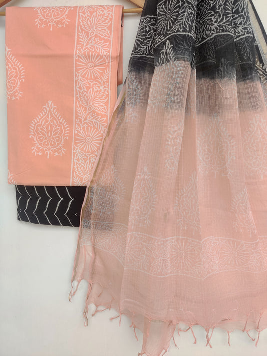 Hand Block Printed Cotton Suit with Cotton Kota Doria dupatta