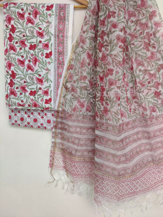 Hand Block Printed Cotton Suit with Cotton Kota Doria dupatta