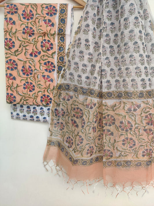 Hand Block Printed Cotton Suit with Cotton Kota Doria dupatta
