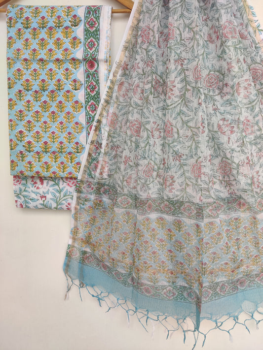 Hand Block Printed Cotton Suit with Cotton Kota Doria dupatta