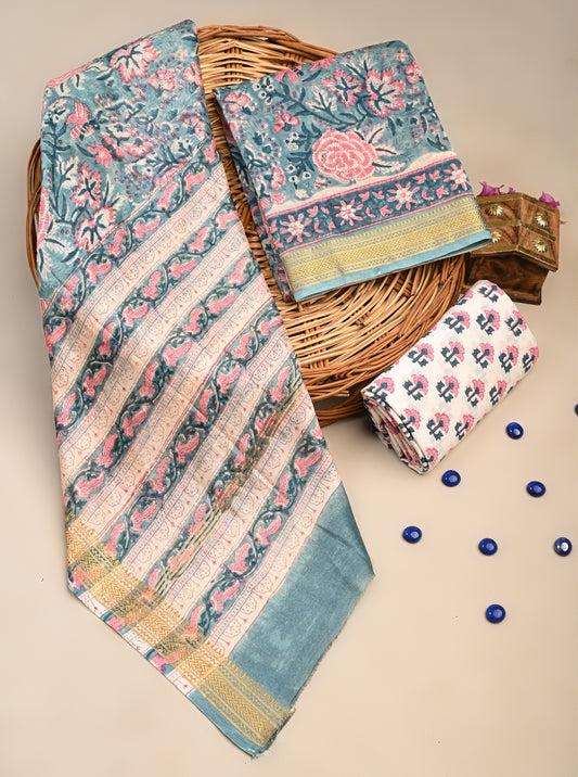 Hand Block Printed Maheshwari Silk Suit with Maheshwari Silk Dupatta