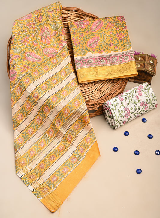Hand Block Printed Maheshwari Silk Suit with Maheshwari Silk Dupatta