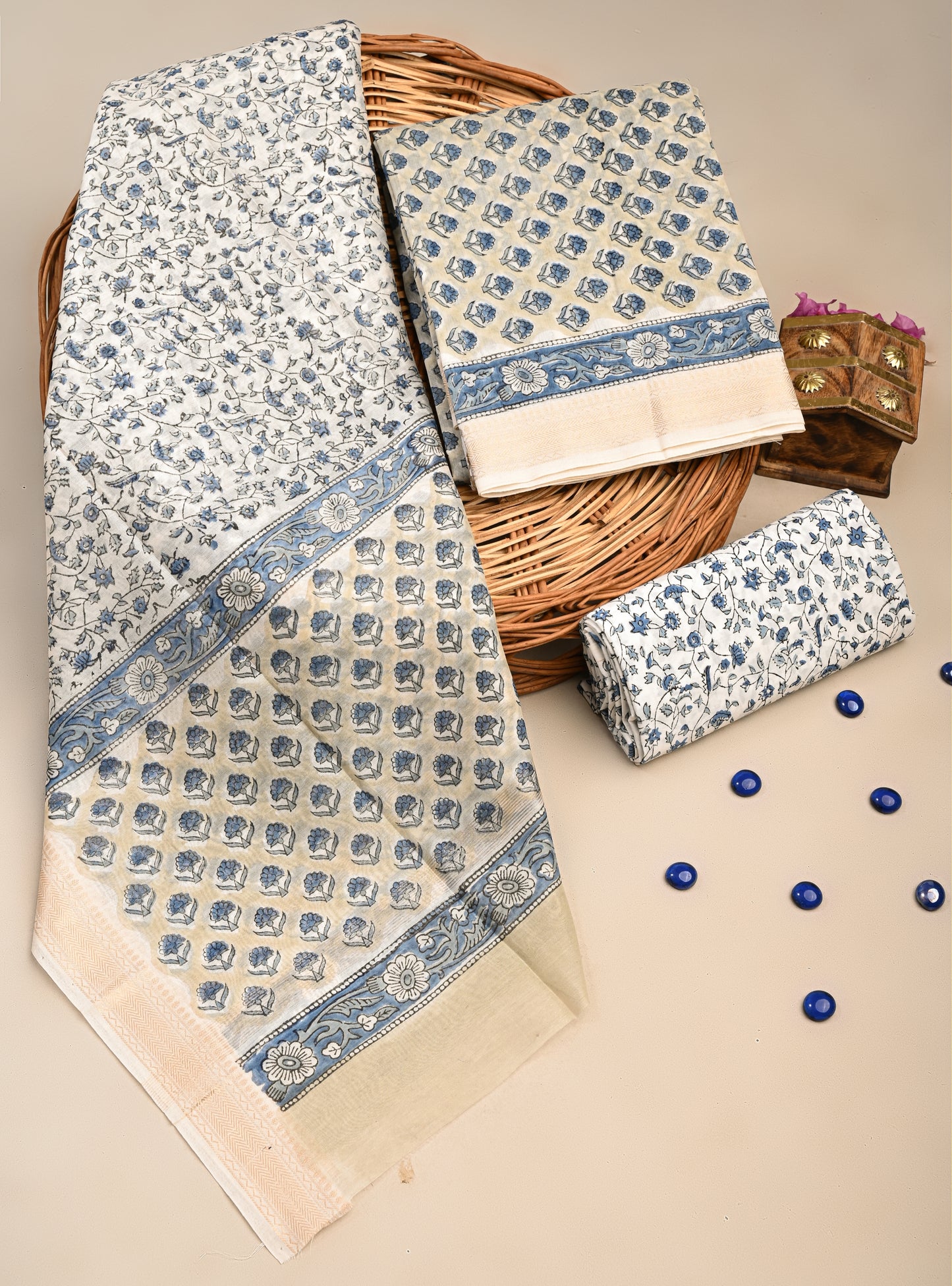 Hand Block Printed Maheshwari Silk Suit with Maheshwari Silk Dupatta