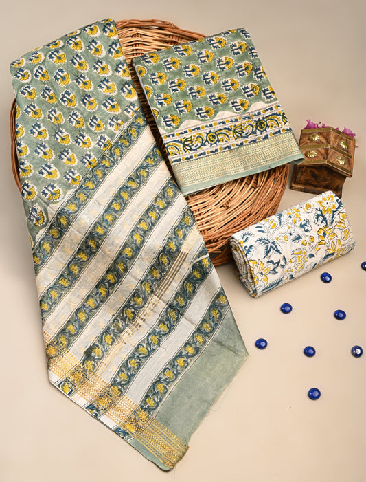 Hand Block Printed Maheshwari Silk Suit with Maheshwari Silk Dupatta