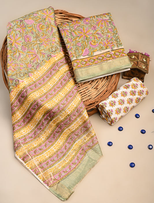 Hand Block Printed Maheshwari Silk Suit with Maheshwari Silk Dupatta