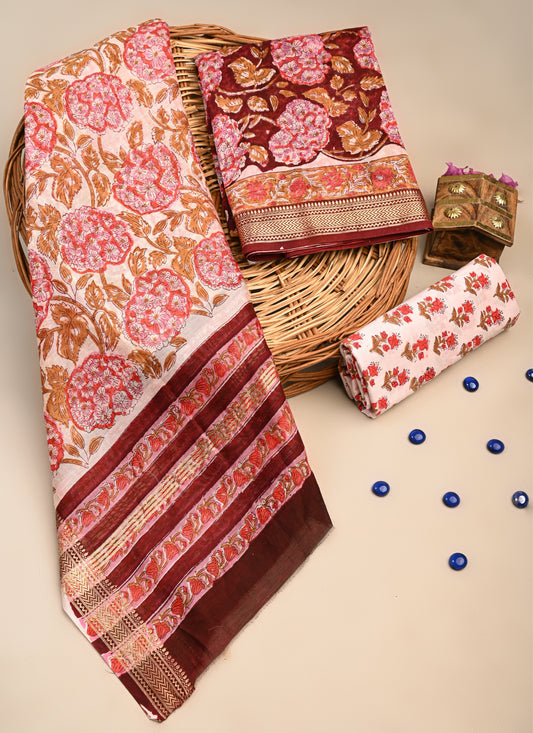 Hand Block Printed Maheshwari Silk Suit with Maheshwari Silk Dupatta