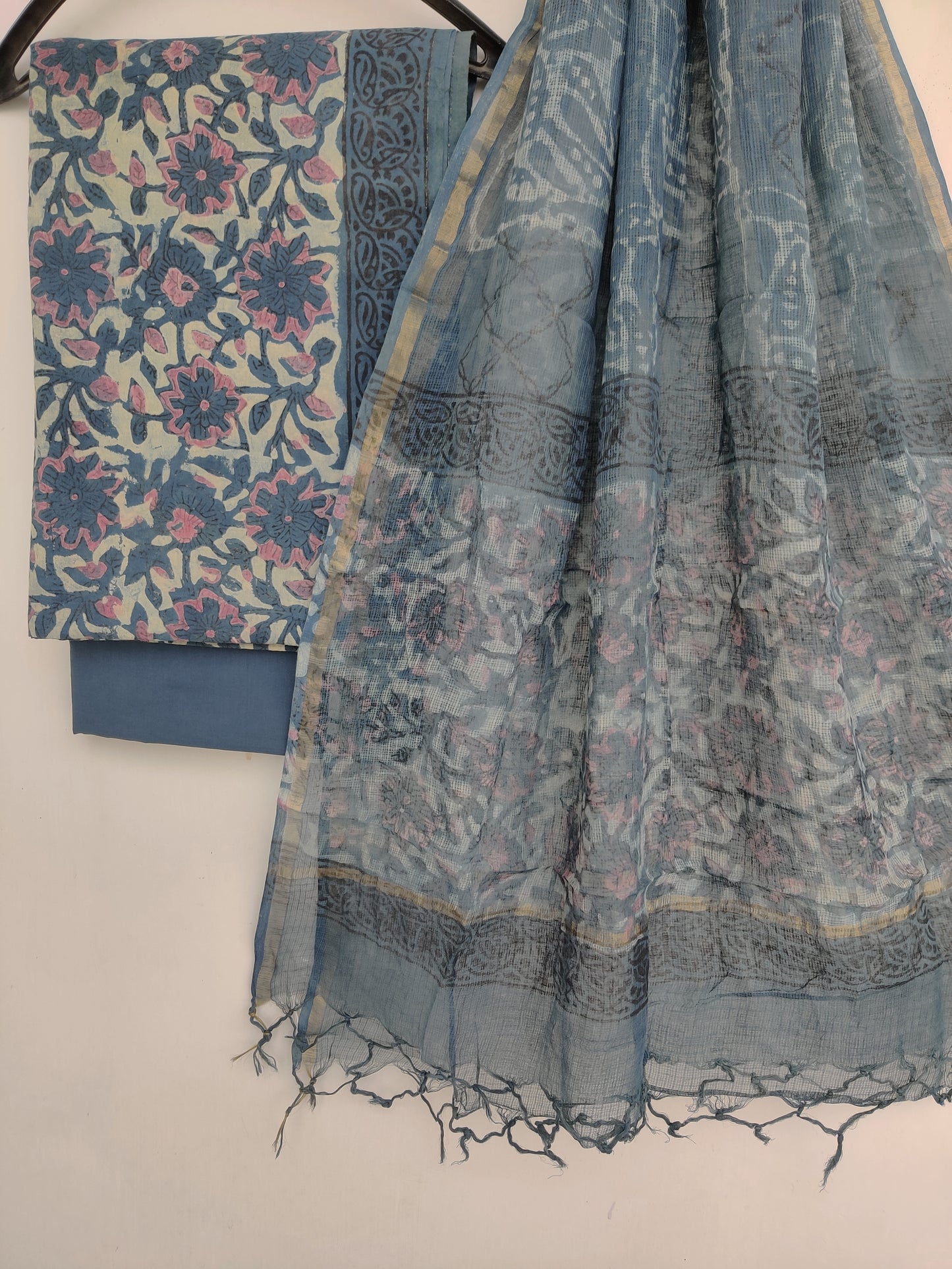 (VANASPATI) Block Printed Cotton Suit with Cotton Kota Doria dupatta