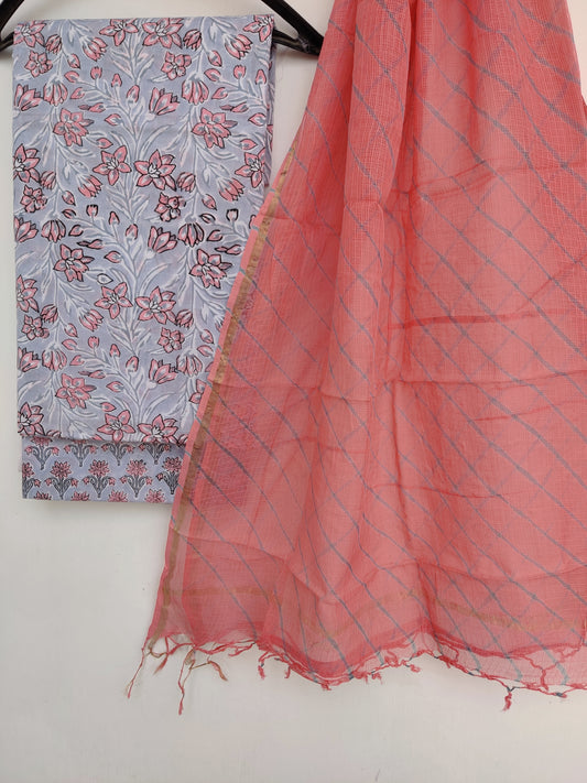 BLOCK PRINTED COTTON SUIT WITH LEHRIYA KOTA DORIA DUPATTA