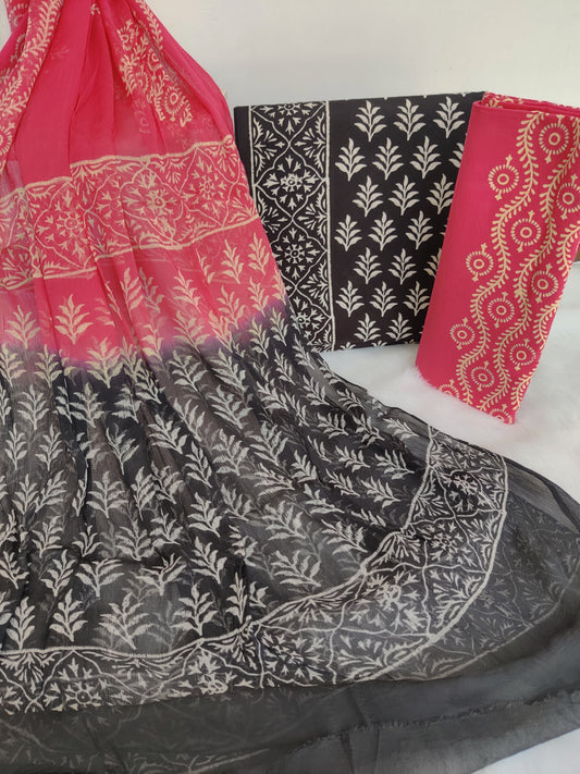 HAND BLOCK PRINTED COTTON SUIT WITH PURE CHIFFON DUPATTA